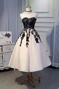 Black Strapless Pink Tea-Length Party Dress