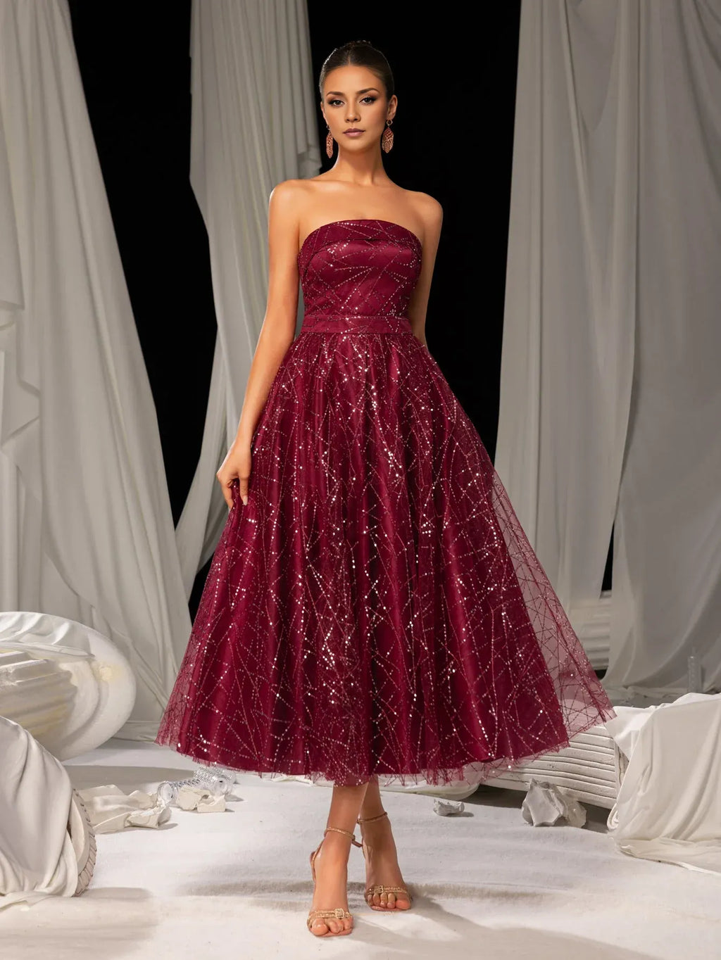 Special Occasion Sophisticated Graceful Elegant Burgundy Lace A-Line Strapless Sleeveless Tea-Length Prom Dress