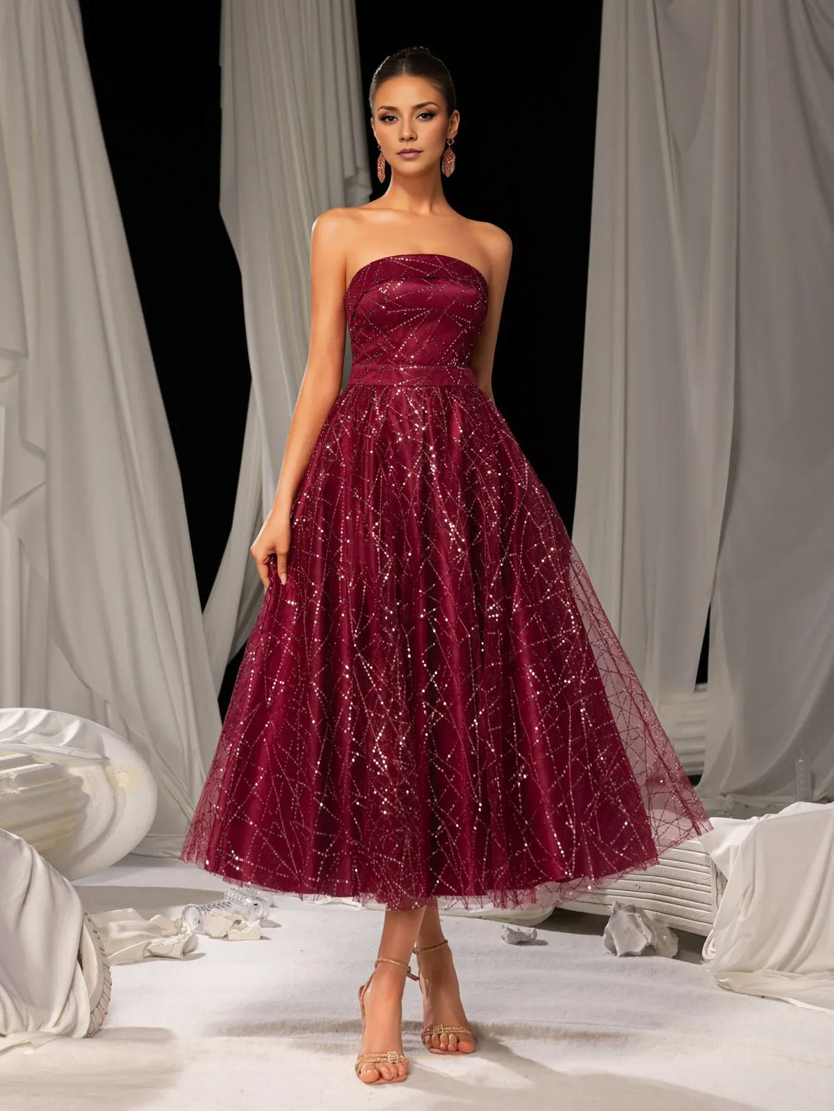 Special Occasion Sophisticated Graceful Elegant Burgundy Lace A-Line Strapless Sleeveless Tea-Length Prom Dress