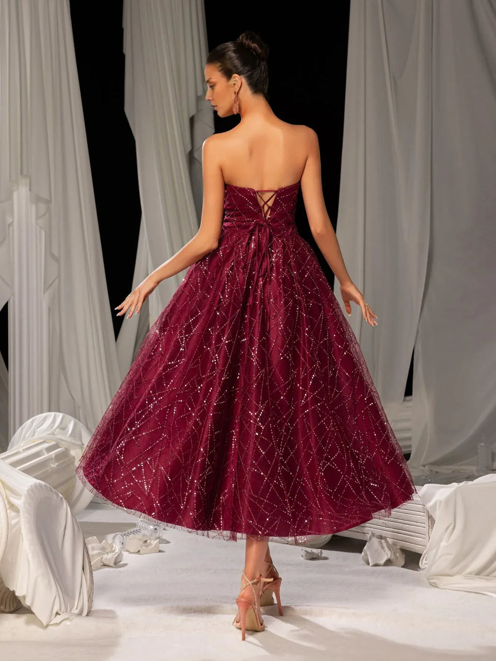 Special Occasion Sophisticated Graceful Elegant Burgundy Lace A-Line Strapless Sleeveless Tea-Length Prom Dress