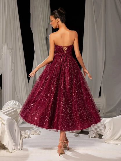 Special Occasion Sophisticated Graceful Elegant Burgundy Lace A-Line Strapless Sleeveless Tea-Length Prom Dress