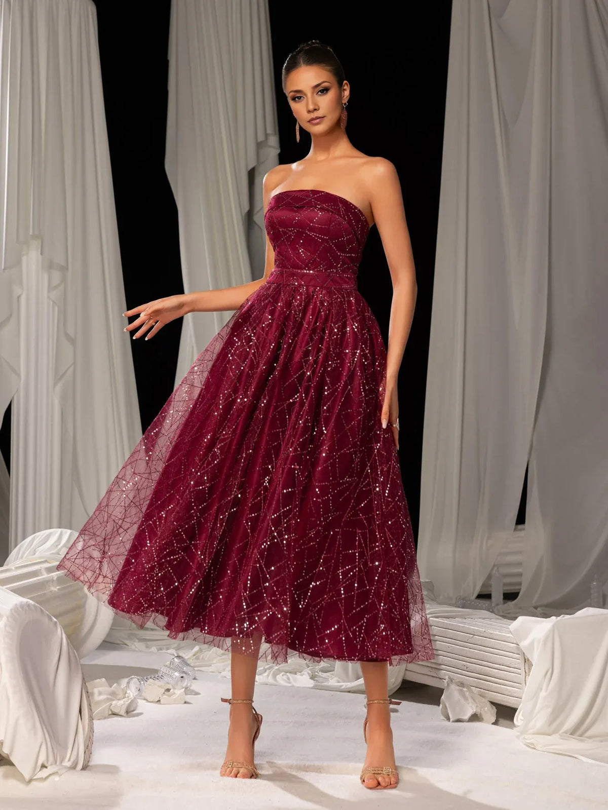 Special Occasion Sophisticated Graceful Elegant Burgundy Lace A-Line Strapless Sleeveless Tea-Length Prom Dress