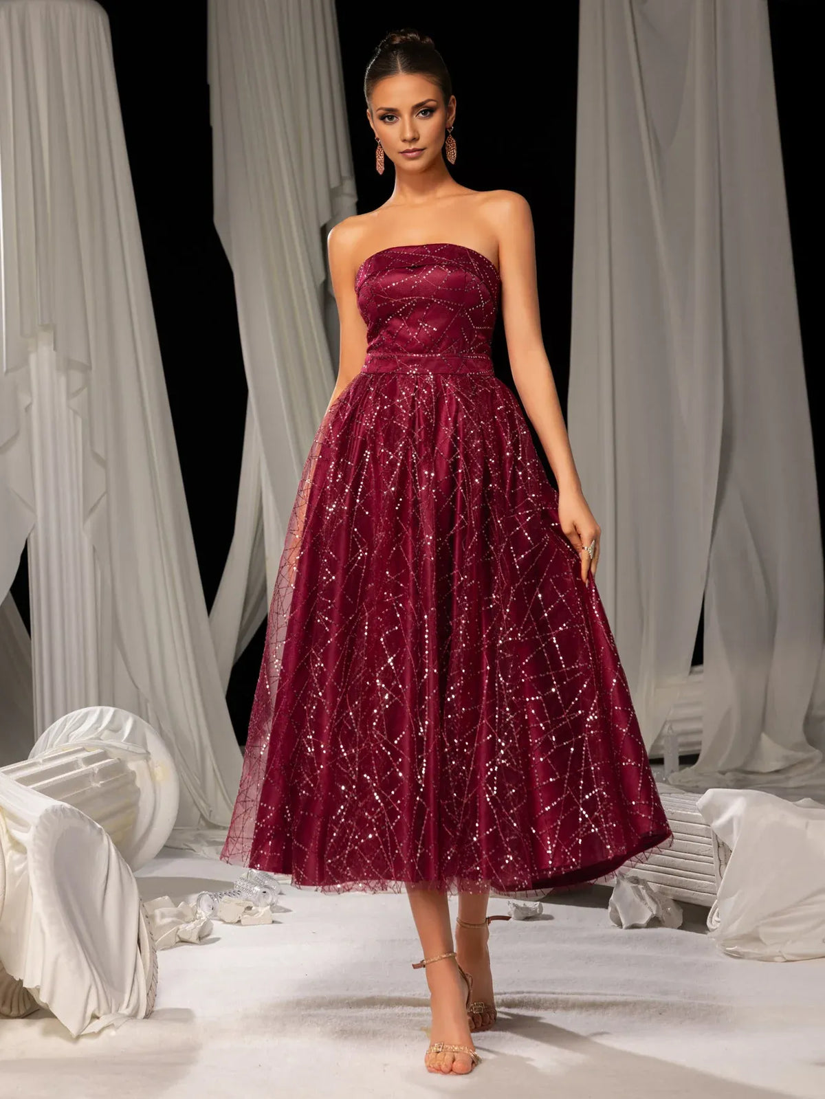 Special Occasion Sophisticated Graceful Elegant Burgundy Lace A-Line Strapless Sleeveless Tea-Length Prom Dress