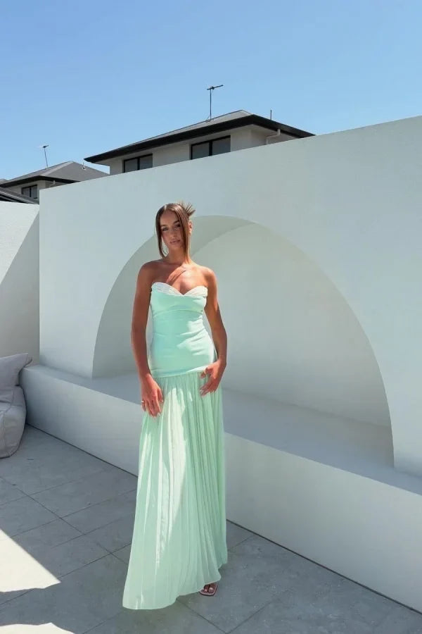 Mint Strapless Pleated Floor-Length Prom Dress