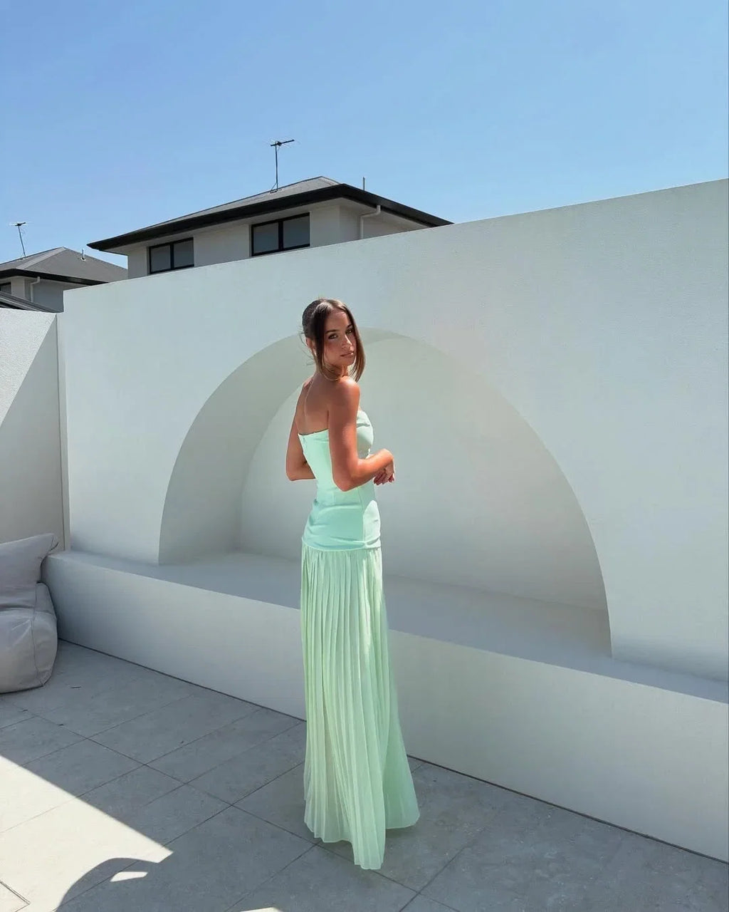 Mint Strapless Pleated Floor-Length Prom Dress