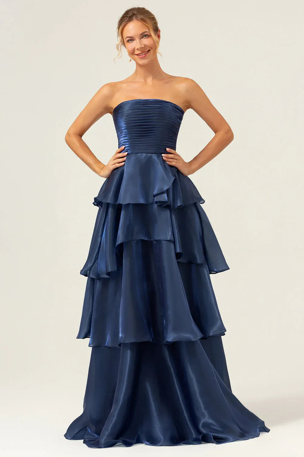 Navy Strapless Ruched Tiered Ruffle Dark Floor Length Prom Dress