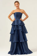 Navy Strapless Ruched Tiered Ruffle Dark Floor Length Prom Dress