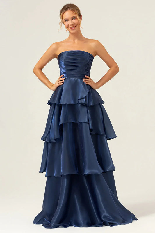 Elegant Black Ruffled A-Line Strapless Classic-Sleeve Classic-Back Floor-Length Prom Dress