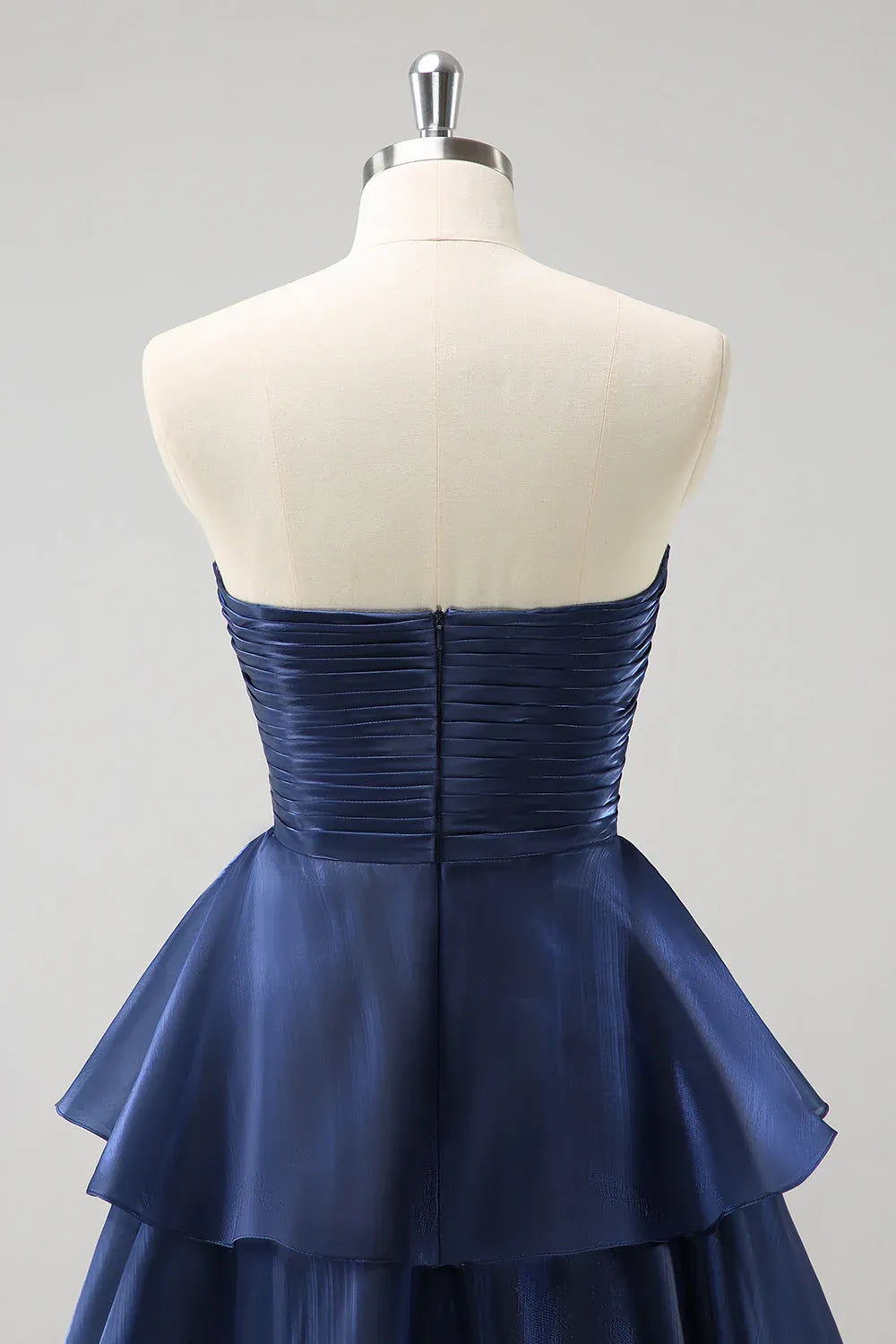 Navy Strapless Ruched Tiered Ruffle Dark Floor Length Prom Dress
