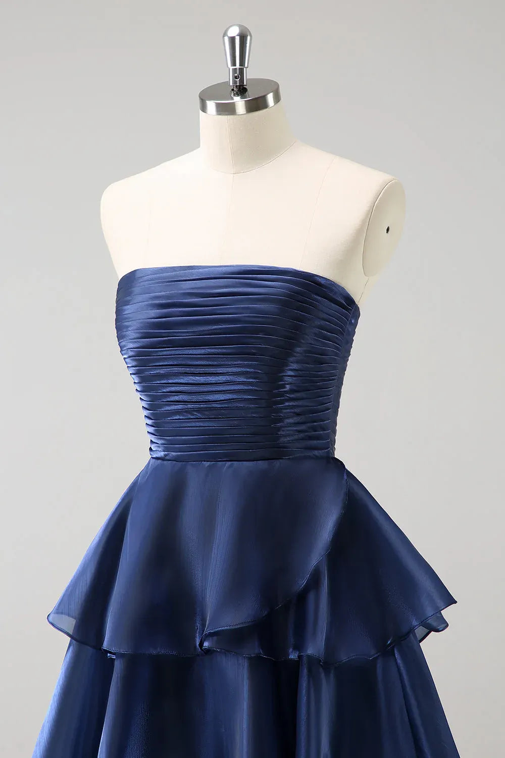 Navy Strapless Ruched Tiered Ruffle Dark Floor Length Prom Dress