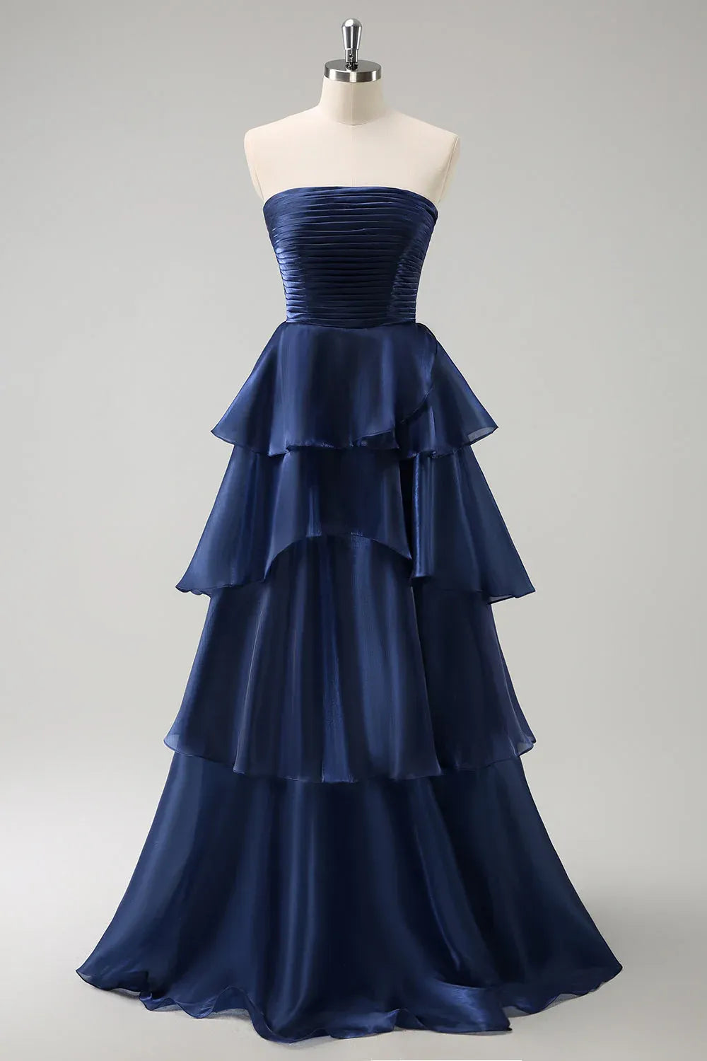 Navy Strapless Ruched Tiered Ruffle Dark Floor Length Prom Dress
