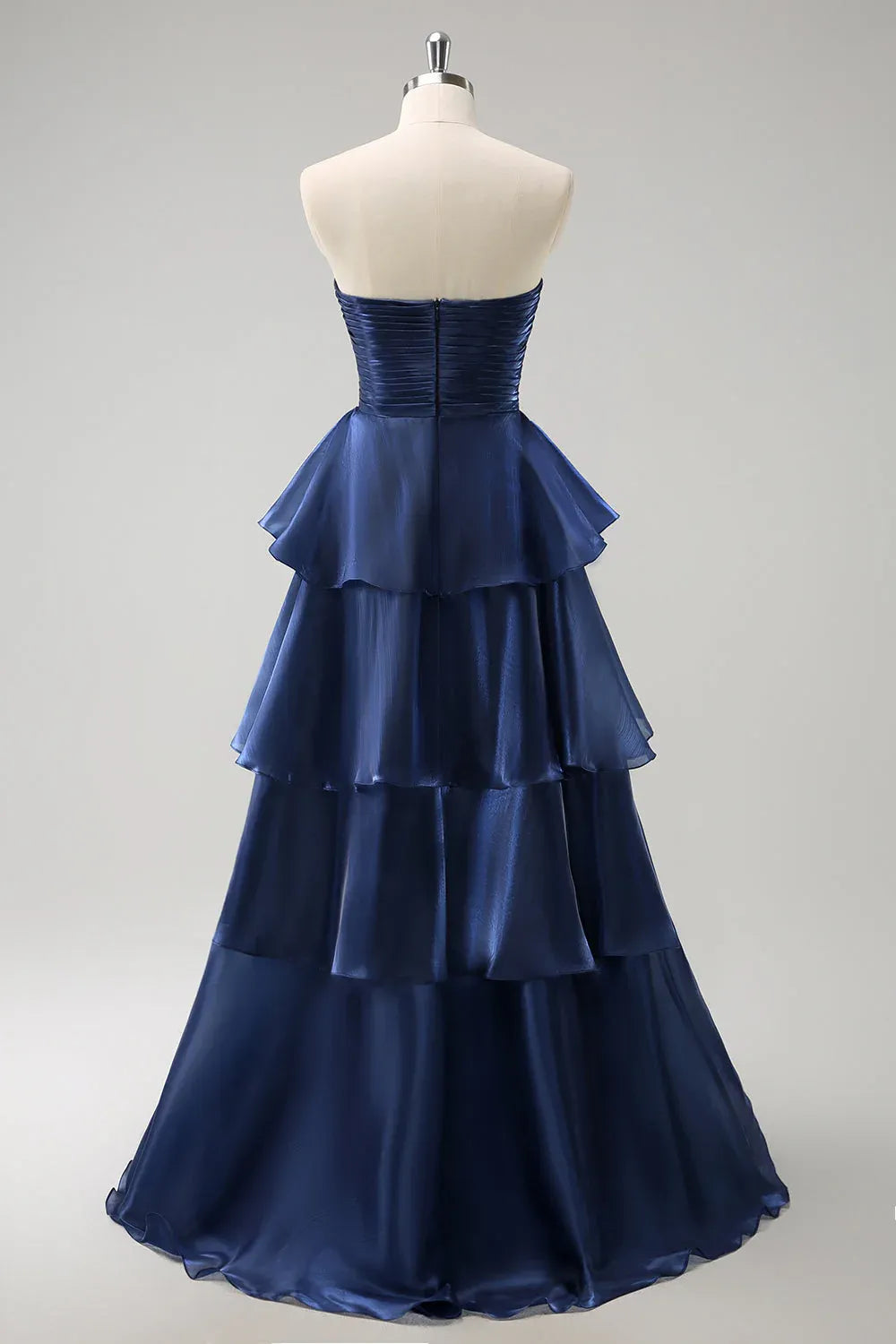 Navy Strapless Ruched Tiered Ruffle Dark Floor Length Prom Dress