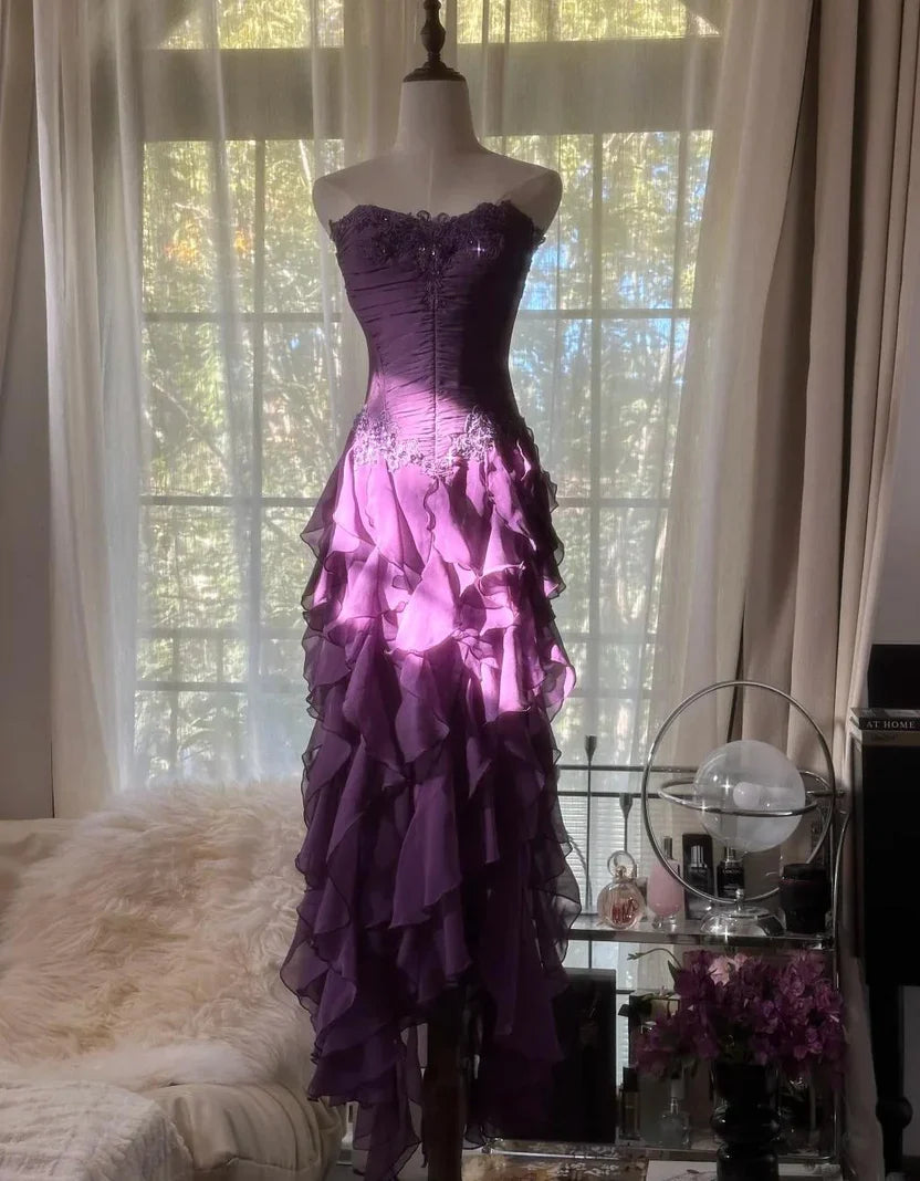 Stylish Refined Beautiful Elegant Purple Lace A-Line Strapless Sleeveless Floor-Length Prom Dress