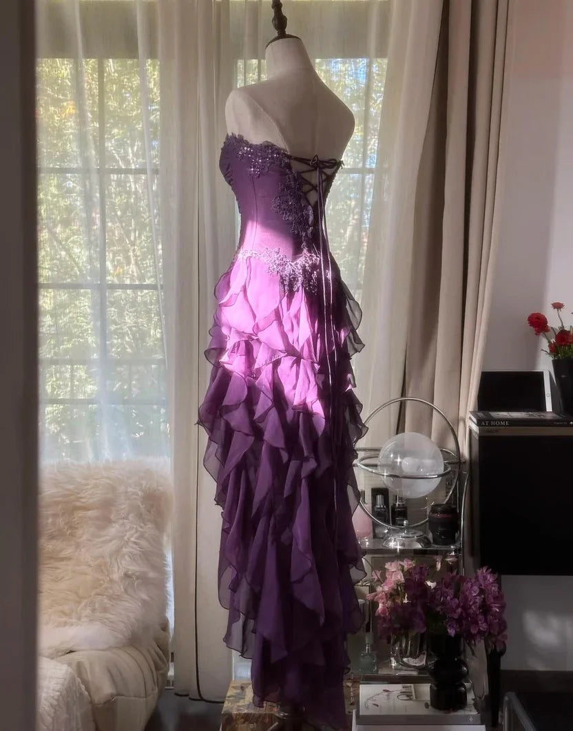 Stylish Refined Beautiful Elegant Purple Lace A-Line Strapless Sleeveless Floor-Length Prom Dress