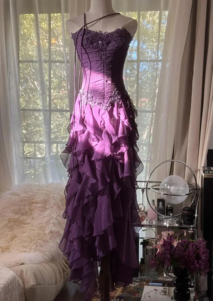 Stylish Refined Beautiful Elegant Purple Lace A-Line Strapless Sleeveless Floor-Length Prom Dress