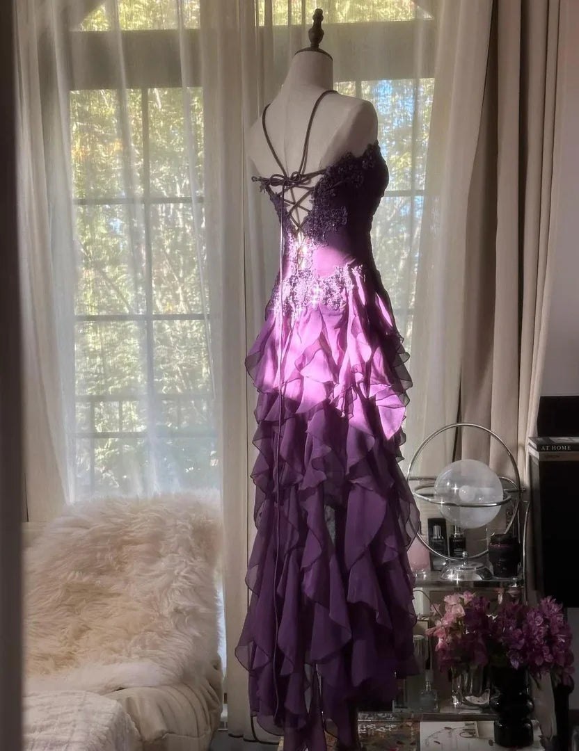 Stylish Refined Beautiful Elegant Purple Lace A-Line Strapless Sleeveless Floor-Length Prom Dress