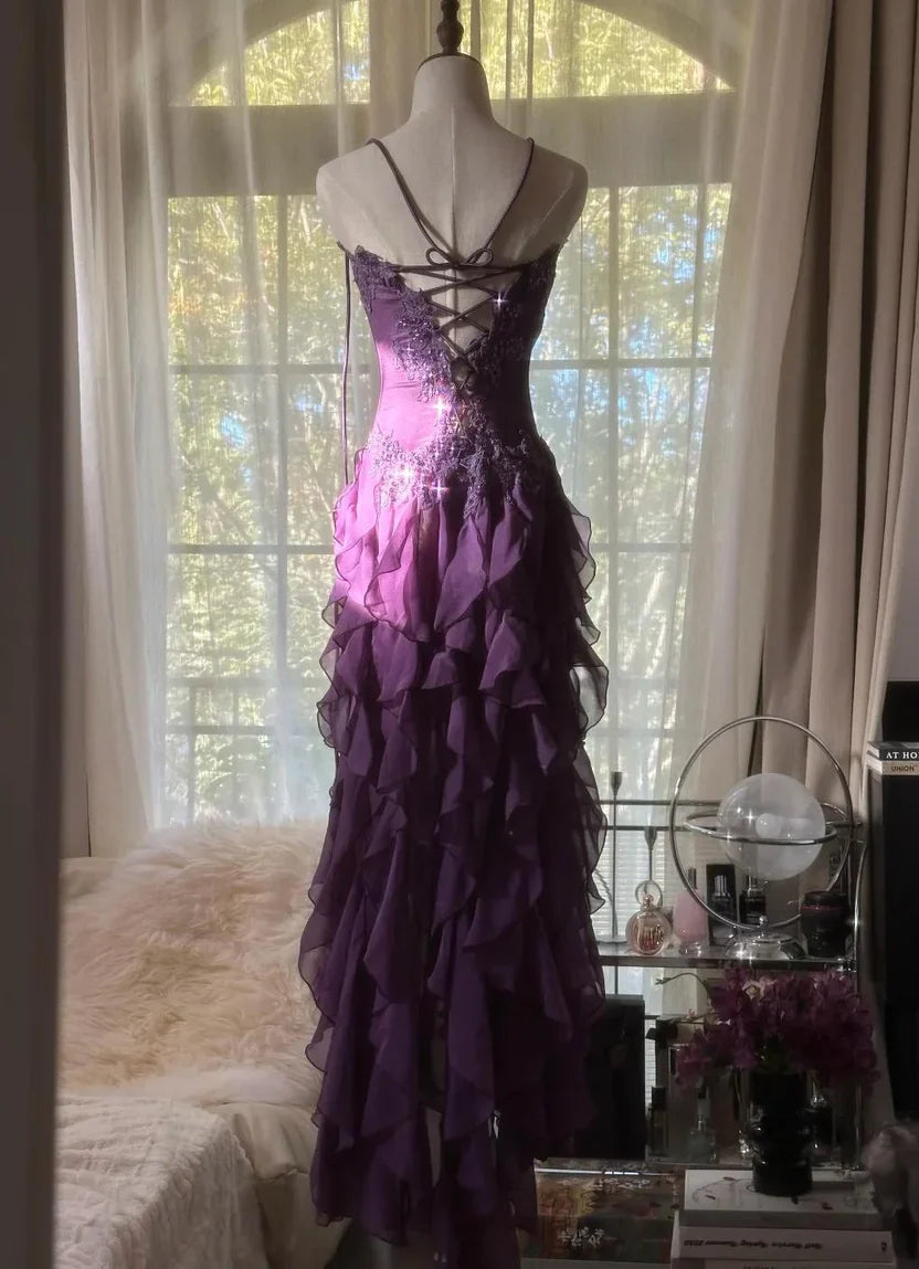 Stylish Refined Beautiful Elegant Purple Lace A-Line Strapless Sleeveless Floor-Length Prom Dress