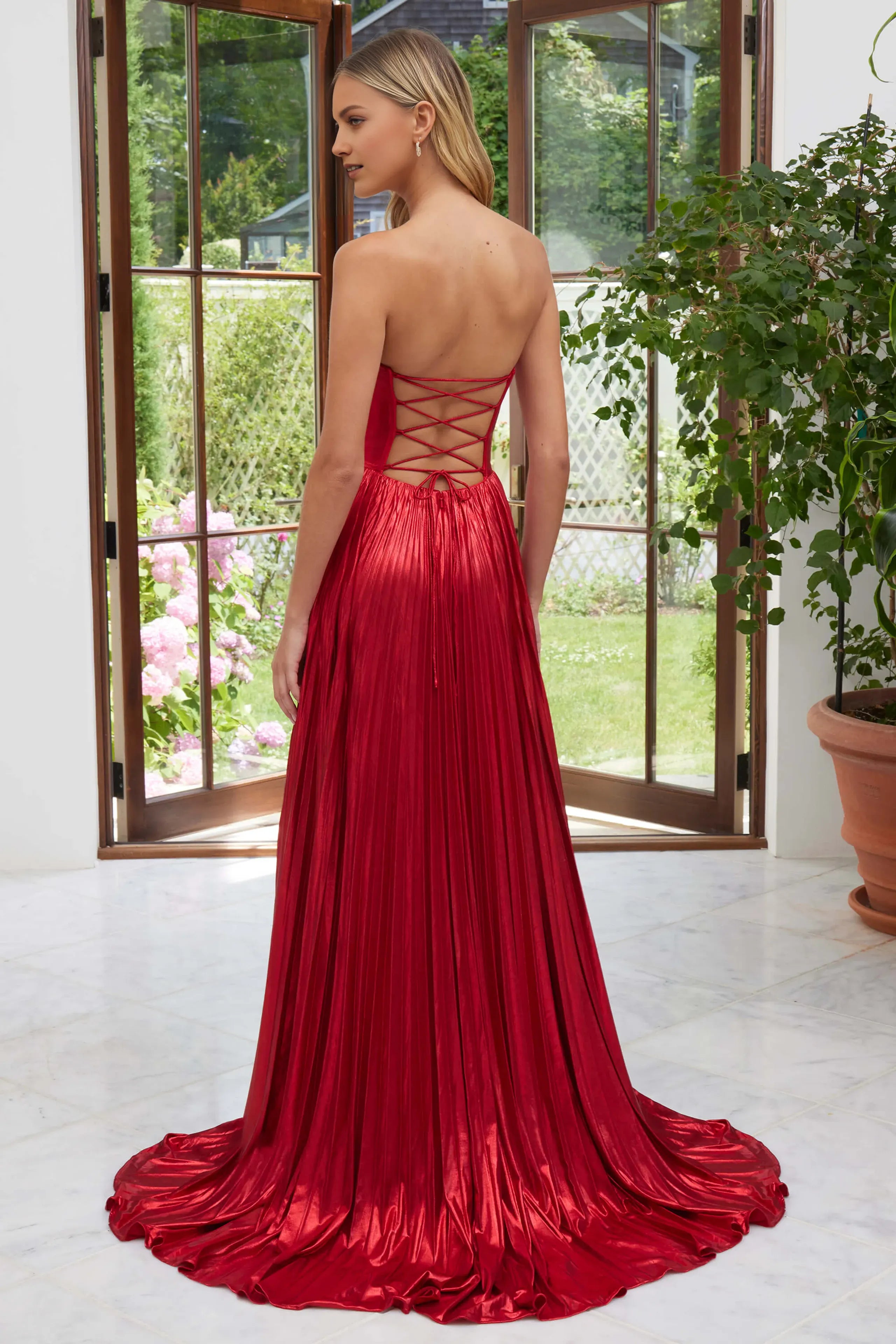 Strapless Sleeveless Up Back Floor-Length Pleated Prom Dresses with Slit
