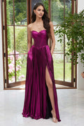 Strapless Sleeveless Up Back Floor-Length Pleated Prom Dresses with Slit