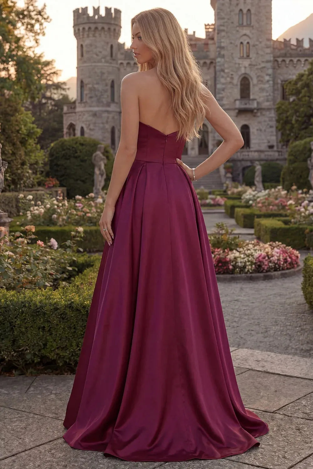 Burgundy Strapless Sweetheart Maxi Prom Dress Hot Sale