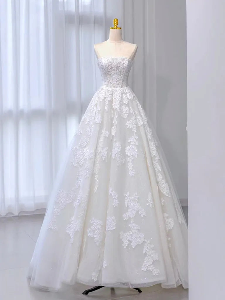 Ivory Strapless Sweep Train Long Wedding Dress
