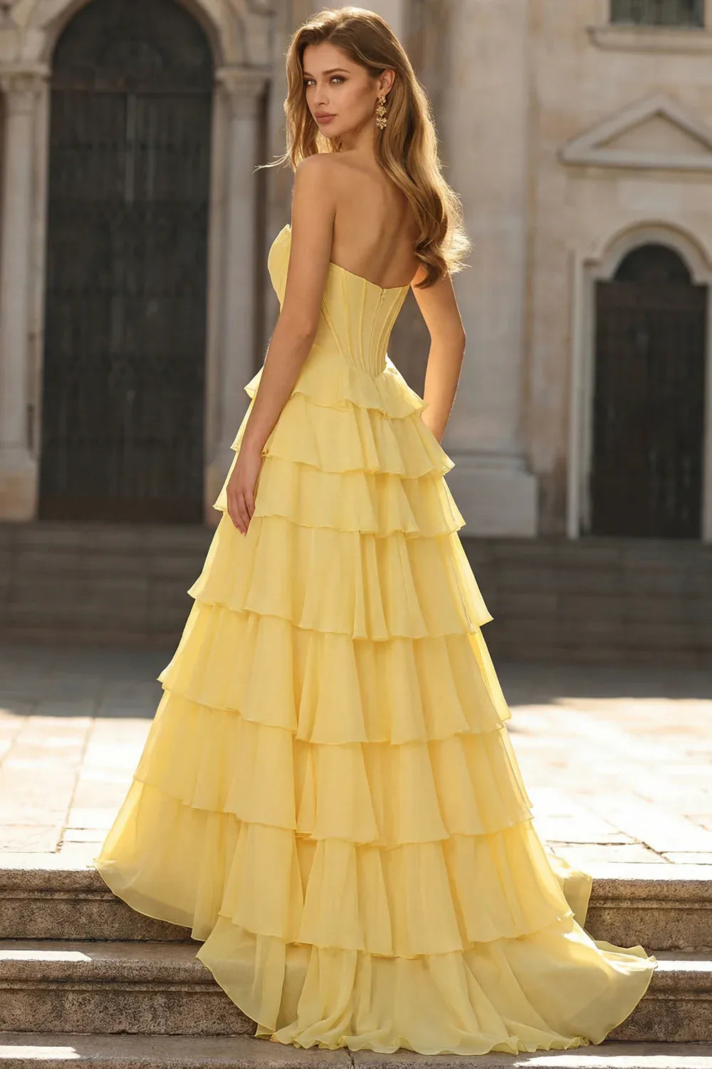 Yellow Sweethear Corset Tie Ruffle Yellow Prom Dress With Slit