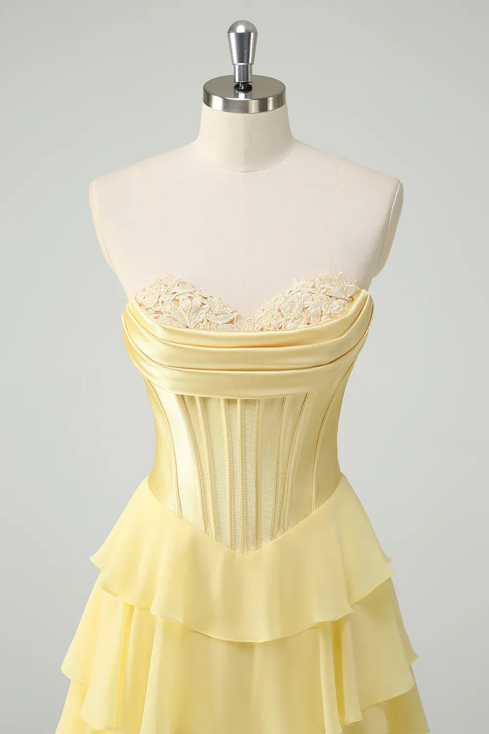 Yellow Sweethear Corset Tie Ruffle Yellow Prom Dress With Slit