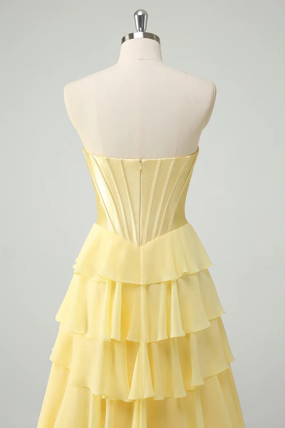 Yellow Sweethear Corset Tie Ruffle Yellow Prom Dress With Slit