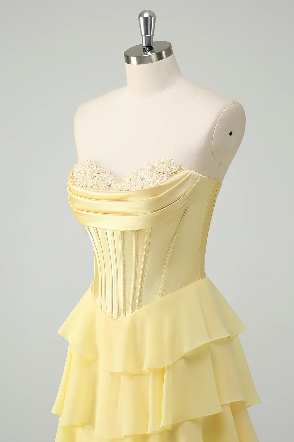 Yellow Sweethear Corset Tie Ruffle Yellow Prom Dress With Slit