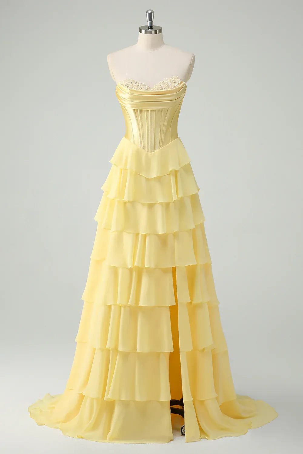 Yellow Sweethear Corset Tie Ruffle Yellow Prom Dress With Slit