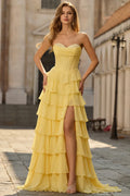 Yellow Sweethear Corset Tie Ruffle Yellow Prom Dress With Slit