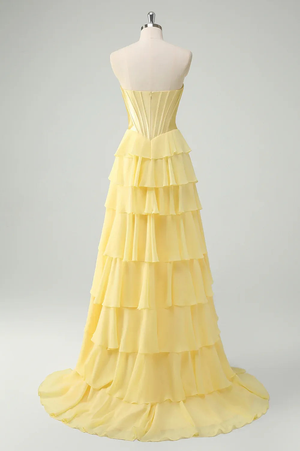 Yellow Sweethear Corset Tie Ruffle Yellow Prom Dress With Slit