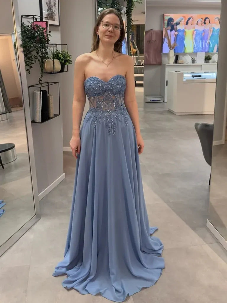 Blue Sweetheart Beaded Applique Dusty Long Prom Dress