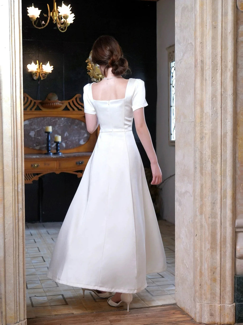 Ivory Sweetheart Neck Short Sleeve Maxi Prom Dress