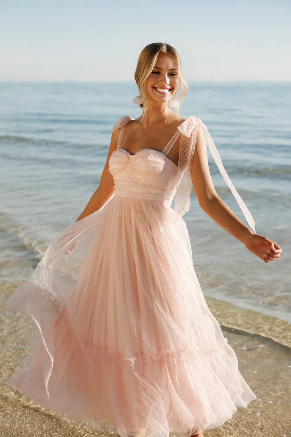 Refined Beautiful Timeless Elegant Blush Pink Tulle A-Line Sweetheart Sleeveless Prom Dress