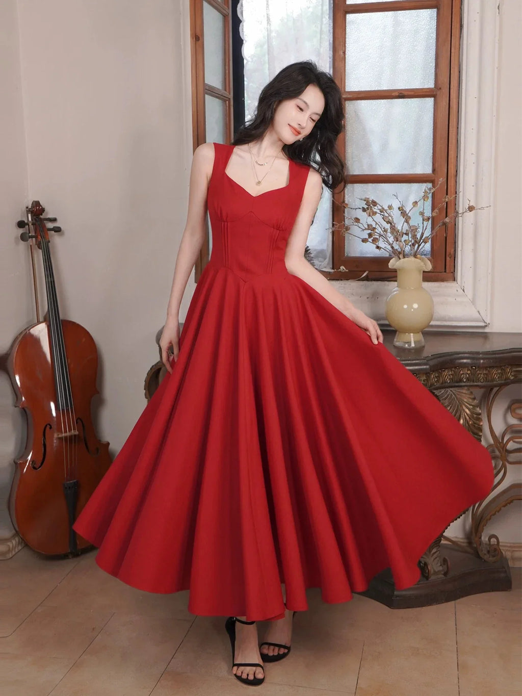 Red Sweetheart Neck Sleeveless Midi Prom Dress