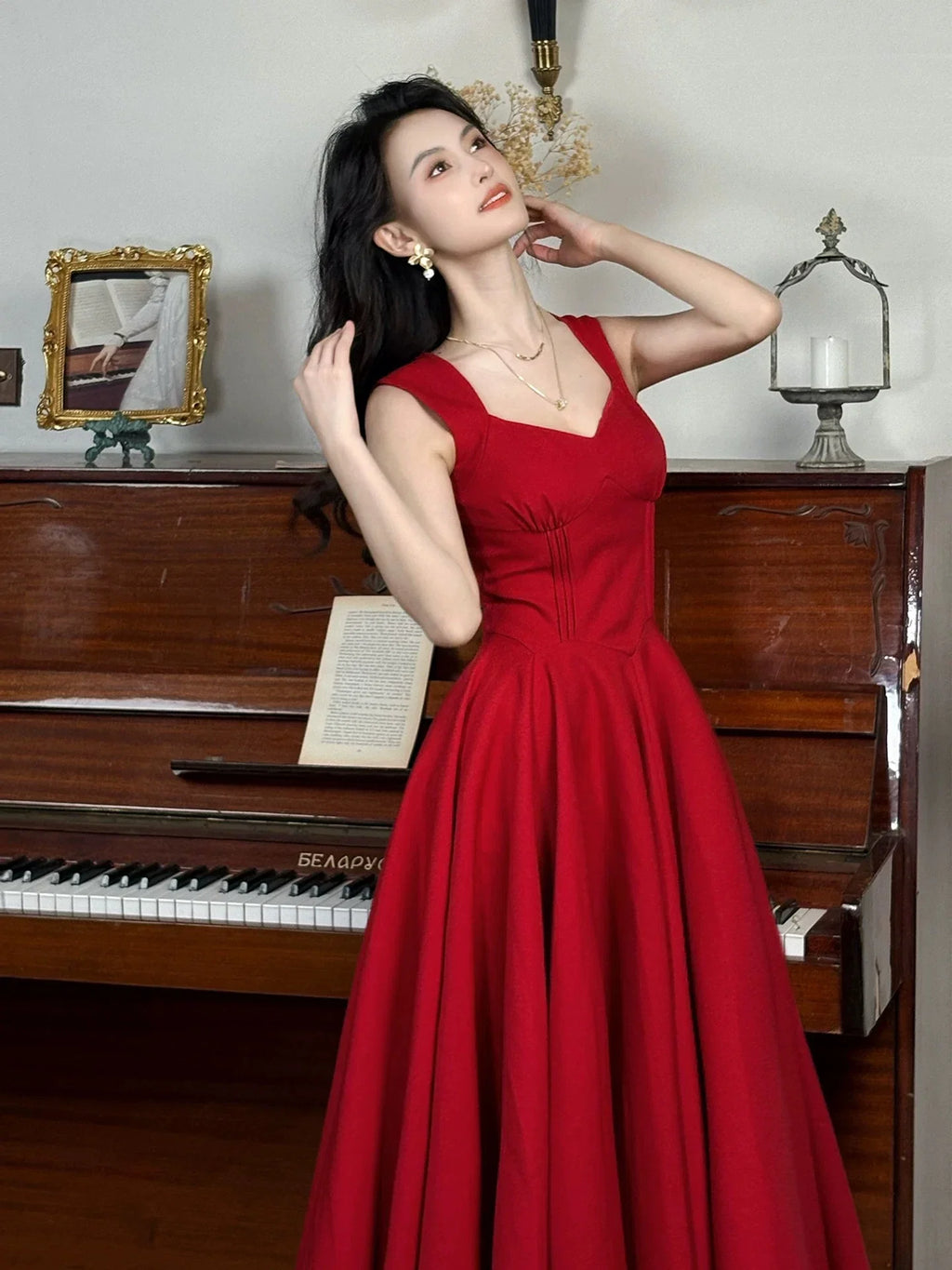 Red Sweetheart Neck Sleeveless Midi Prom Dress
