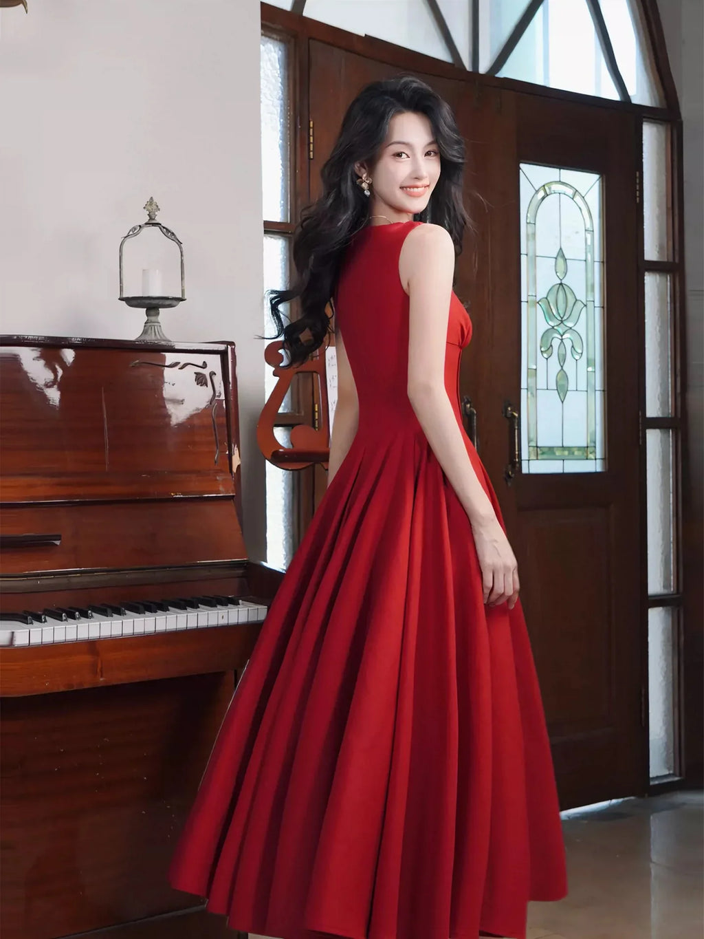 Red Sweetheart Neck Sleeveless Midi Prom Dress