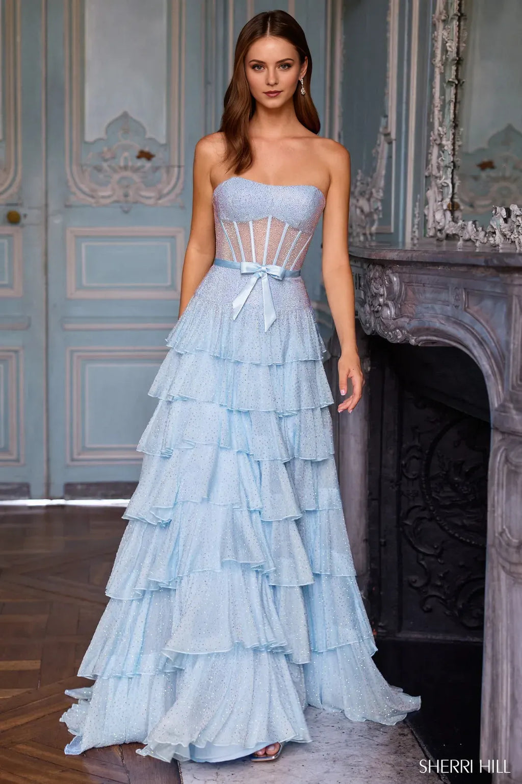 Sweetheart Neck Strapless Back Zip Floor-Length Bodice Tiered Ruffle Prom Dresses