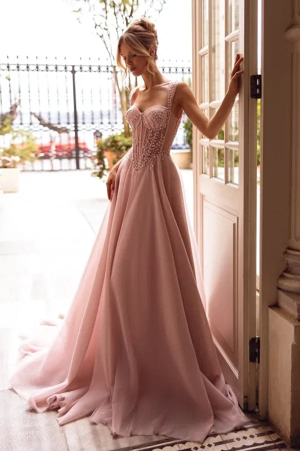 Sweetheart Sleeveless Beaded Blush Train Party Dress