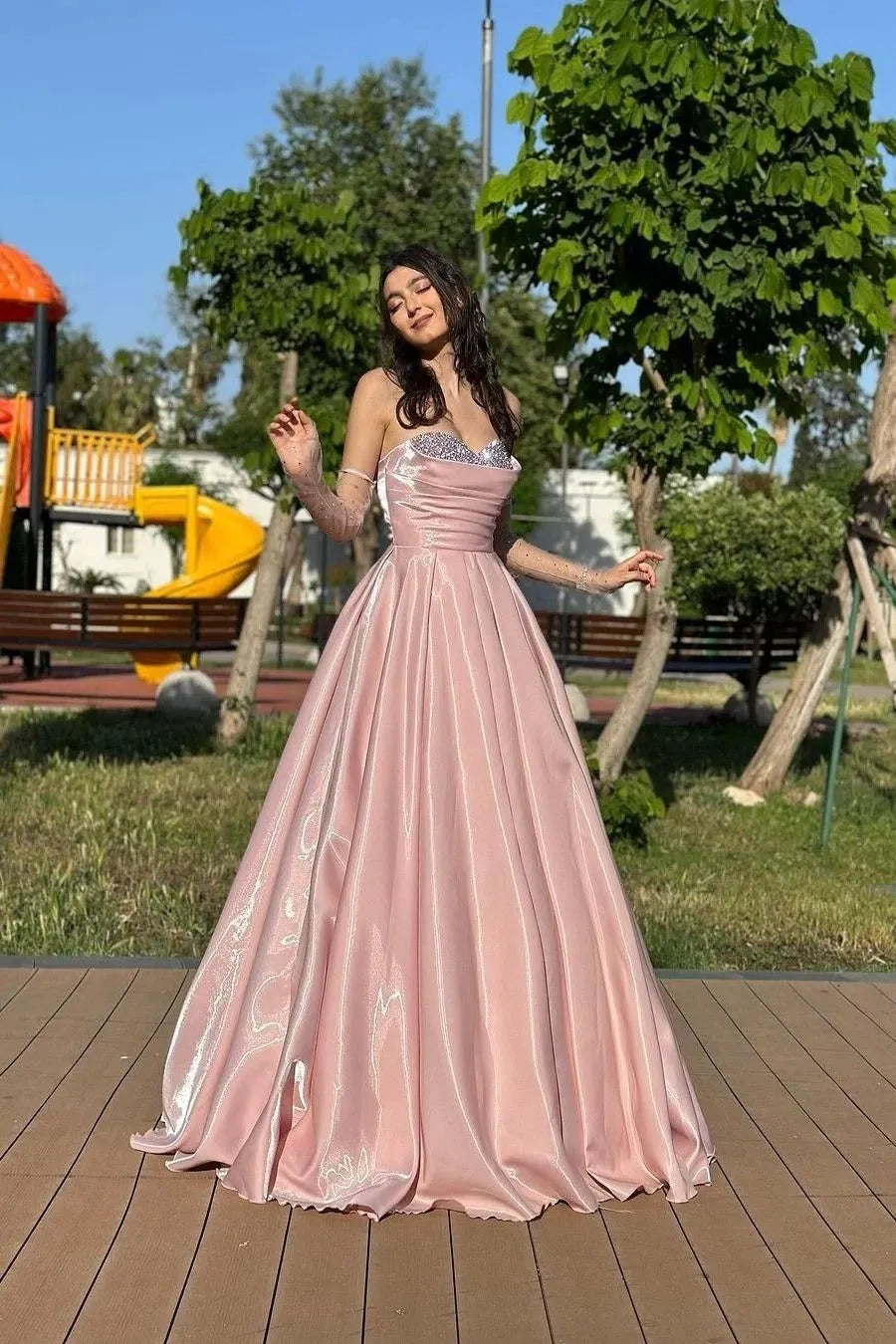 Stylish Refined Beautiful Elegant Blush Pink Satin A-Line Sweetheart Sleeveless Prom Dress