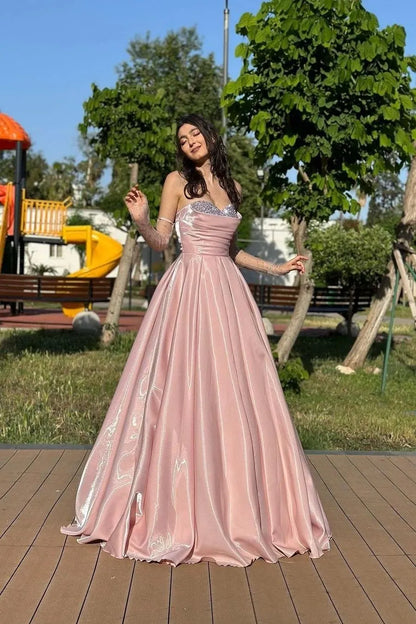 Stylish Refined Beautiful Elegant Blush Pink Satin A-Line Sweetheart Sleeveless Prom Dress
