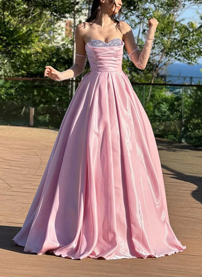Stylish Refined Beautiful Elegant Blush Pink Satin A-Line Sweetheart Sleeveless Prom Dress