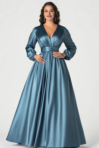 Refined Elegant Red Satin A-Line V-Neck Floor-Length Mother of the Bride Dress