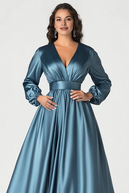 Refined Elegant Red Satin A-Line V-Neck Floor-Length Mother of the Bride Dress