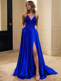 V-Neck Sleeveless Lace-Up Sweep Brush Train Prom Dresses for Women