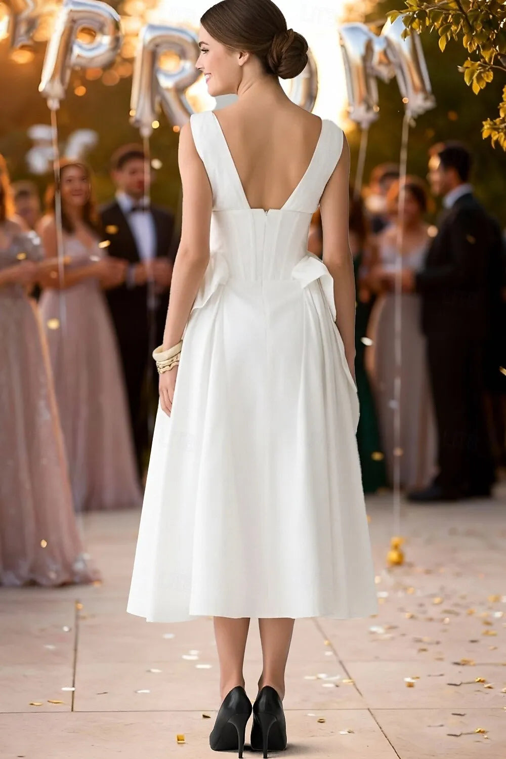 White V-Neck Bow Tea Length Prom Dress