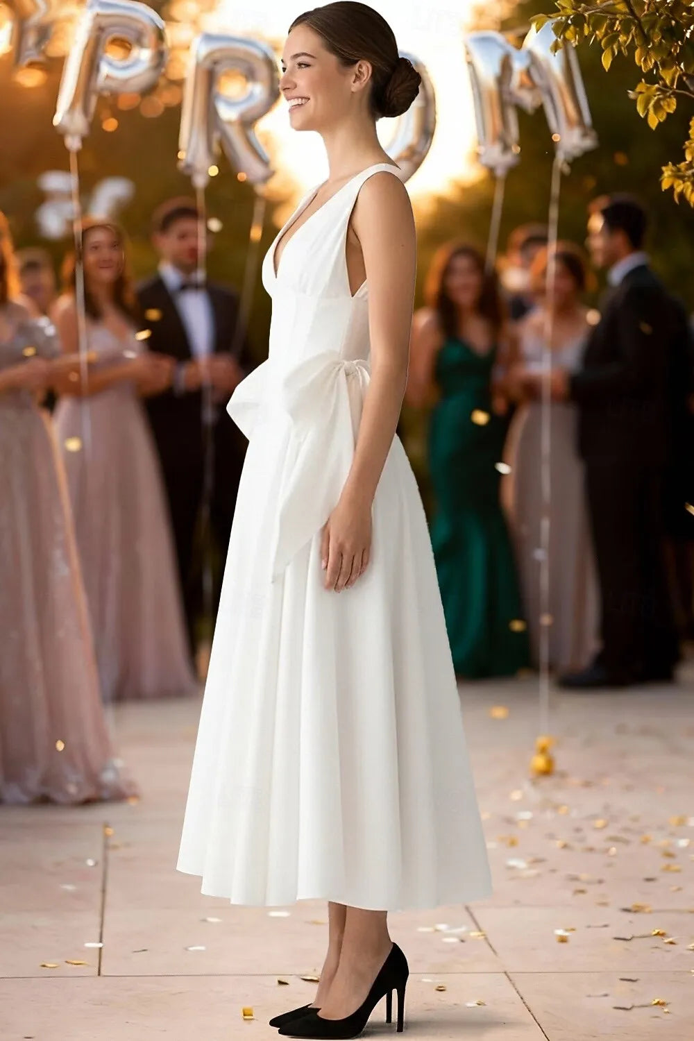 White V-Neck Bow Tea Length Prom Dress