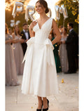 White V-Neck Bow Tea Length Prom Dress