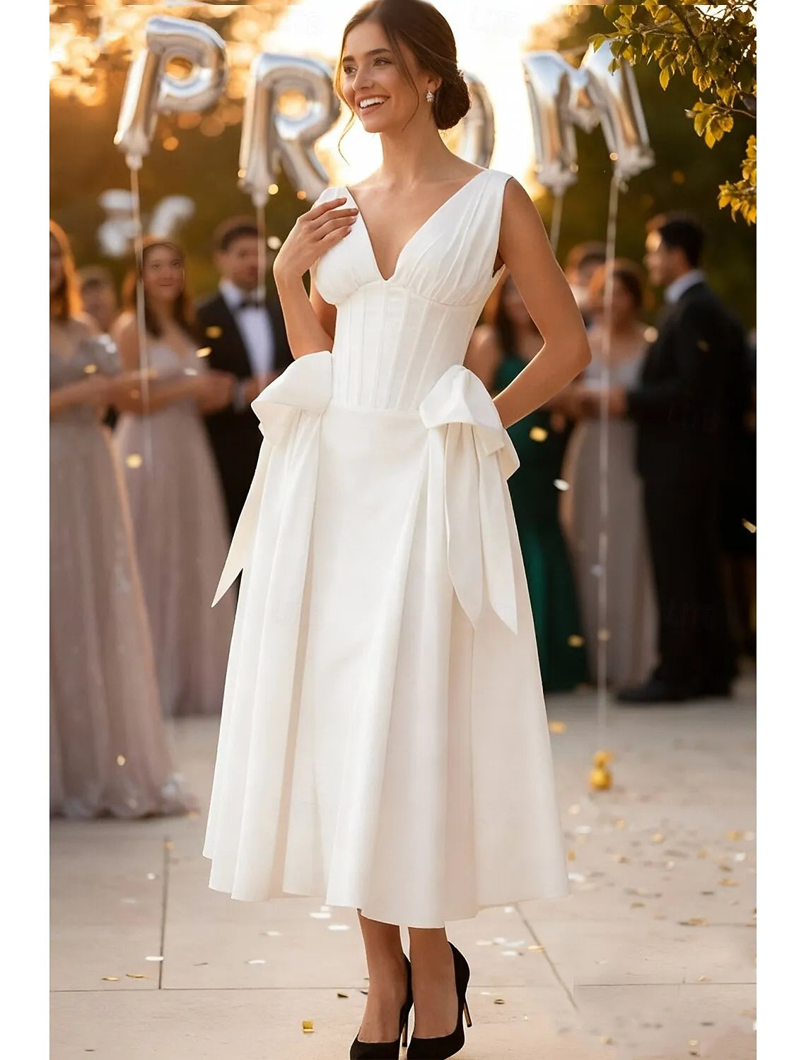 White V-Neck Bow Tea Length Prom Dress
